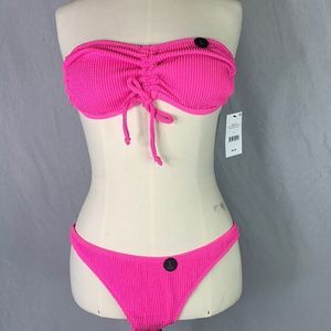 Cotton On Gathered Backless Halter Bikini Top & Bottom Aurora Pink Crinkle L
